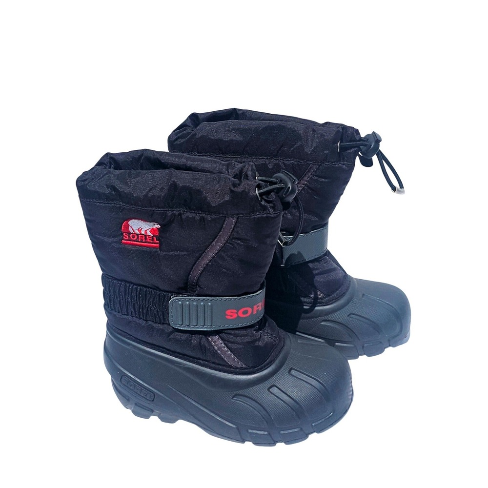 Sorel Flurry Black Red Kids Snow Boots Waterproof Insulated 10 Winter Outdoor